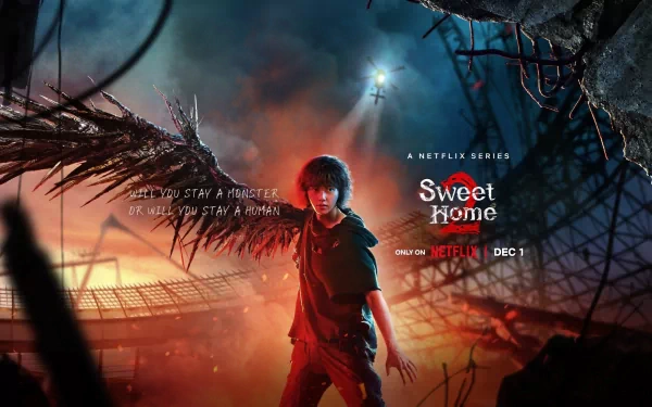 HD desktop wallpaper featuring a character from the Netflix series Sweet Home amidst a dramatic, apocalyptic setting, with the series title and premiere date displayed.