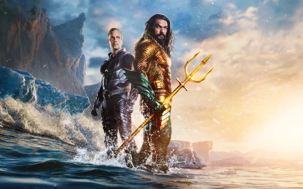 4K Ultra HD desktop wallpaper featuring Aquaman and a companion standing in the ocean, promoting the movie Aquaman and The Lost Kingdom against a dramatic sky.