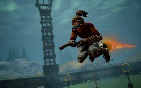 Harry Potter themed Quidditch player flying on a broomstick in a magical stadium HD wallpaper.