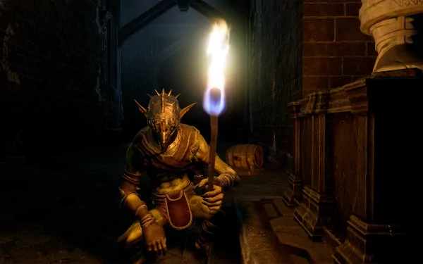 A captivating HD desktop wallpaper from The Lord of the Rings: Return to Moria, featuring a character crouching with a torch in a dark, atmospheric setting.