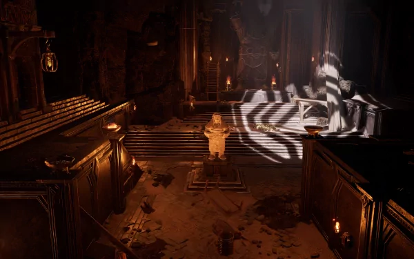 The Lord of the Rings: Return to Moria HD wallpaper featuring the dimly-lit, majestic interior of Moria with Dwarven architecture and mysterious glowing light shafts.