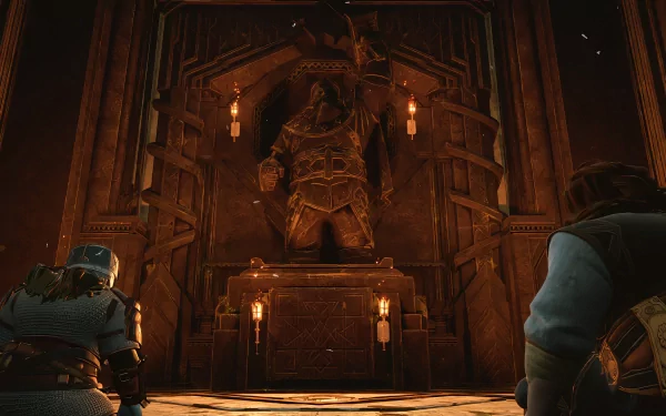 HD desktop wallpaper of The Lord of the Rings: Return to Moria featuring a dwarf statue in a majestic hall.