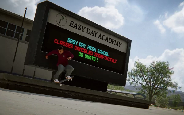 A skater performs a trick in front of the Easy Day Academy sign in this HD desktop wallpaper for the video game Skater XL. The scene captures urban skate culture vividly.