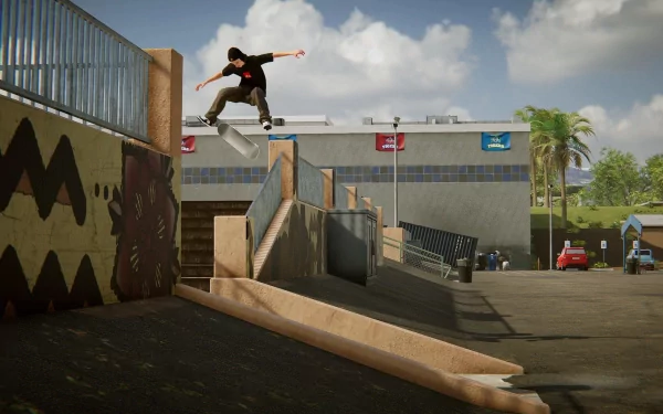 A dynamic skater performs a trick mid-air over a set of stairs in this HD wallpaper for the video game Skater XL, showcasing an urban skate environment under a blue sky.
