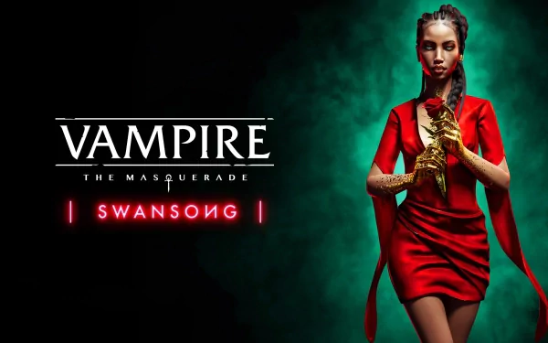 HD desktop wallpaper for Vampire: The Masquerade - Swansong featuring a woman in a striking red dress holding a golden snake, set against a dark green background.