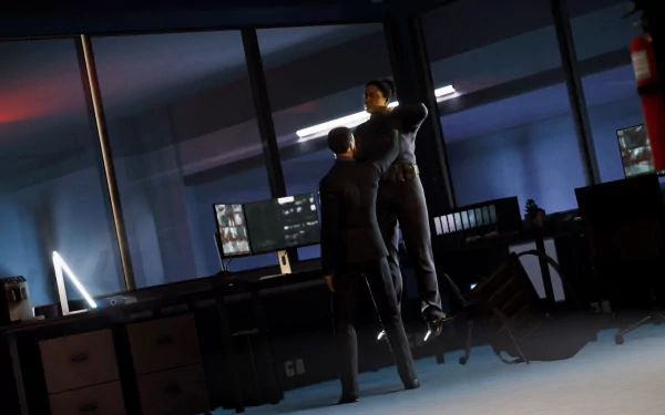 HD desktop wallpaper from Vampire: The Masquerade - Swansong featuring two characters in a dramatic office scene.
