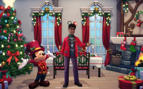 HD Disney Dreamlight Valley desktop wallpaper featuring a festive scene with a player character and Mickey Mouse in holiday attire, celebrating Christmas inside a cozy decorated room.