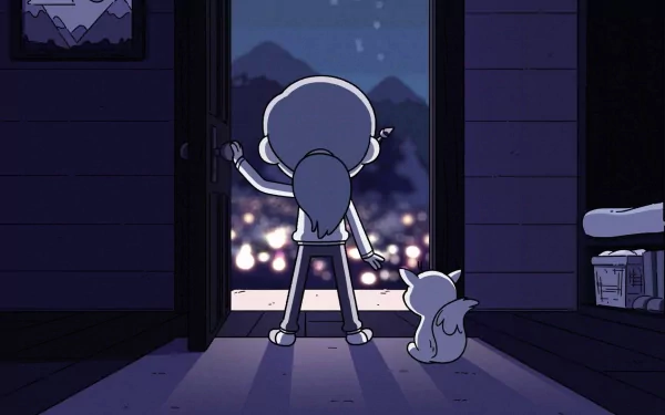 A scene from the TV show Hilda, featuring Hilda standing at a door with her cat, gazing out at a starry night and illuminated mountains, creating a serene and adventurous atmosphere.