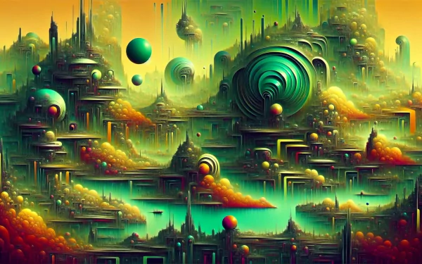 HD wallpaper featuring a vibrant futuristic city with floating spheres and surreal architecture set against a teal sky.