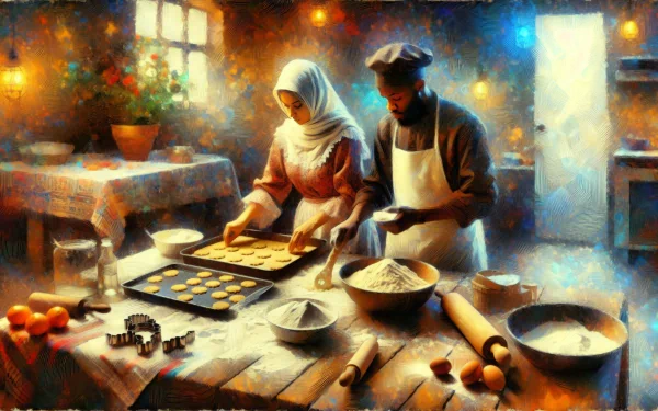 Warm and inviting HD wallpaper featuring two people baking cookies together in a cozy, rustic kitchen, illuminated by soft, ambient light.