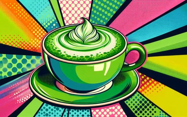 Vibrant HD wallpaper featuring an illustrated green tea latte with a perfect frothy art on top, set against a colorful pop art background.