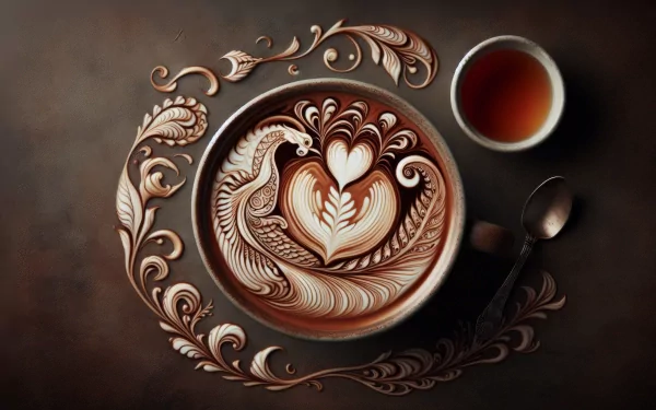 Artistic HD desktop wallpaper featuring an intricately designed latte art in a ceramic cup with a spoon on the side and a cup of black tea, set against a dark background with ornamental patterns.