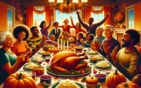 HD wallpaper of a joyful Thanksgiving dinner with family and friends gathered around a table with roasted turkey and autumn decorations.