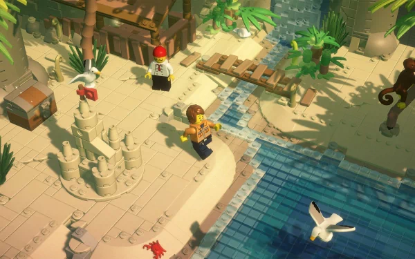 HD desktop wallpaper of LEGO Bricktales game featuring a LEGO character on a sandy beach with tropical flora, a wooden bridge, and a seagull flying over water.