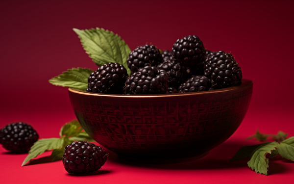 HD desktop wallpaper featuring a bowl of fresh blackberries with green leaves on a vibrant red background.