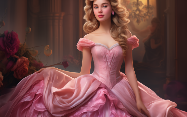 HD desktop wallpaper featuring a Disney princess in an elegant pink dress, ideal for movie-themed background.
