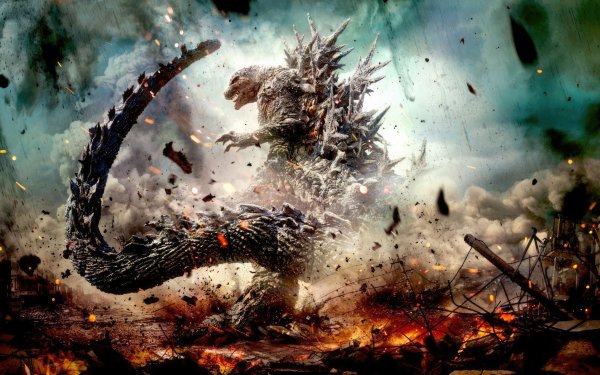 High-definition desktop wallpaper featuring an artistic representation of Godzilla amidst destruction, perfect for fans of the Godzilla Minus One movie.