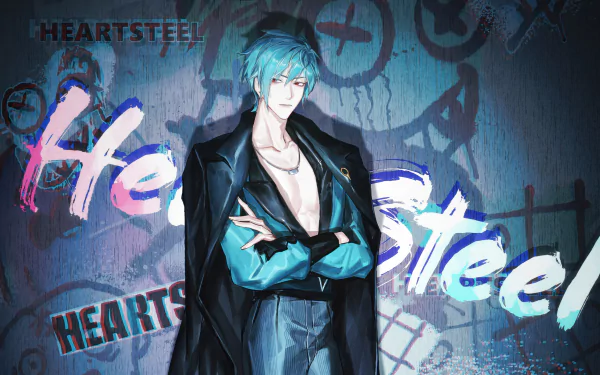 HD wallpaper featuring Aphelios from League of Legends in a Heartsteel theme, showcasing his striking blue hair and confident pose against a dynamic background.