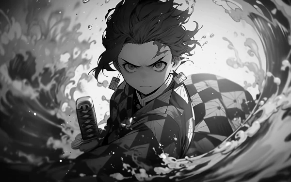 HD wallpaper of Tanjiro Kamado from Demon Slayer: Kimetsu no Yaiba, in a dynamic monochrome illustration with swirling water effects.