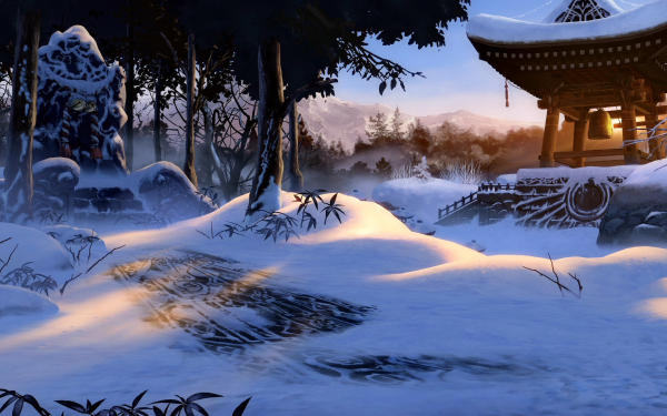 HD wallpaper of a snowy landscape from Granblue Fantasy Versus: Rising, featuring traditional architecture and serene sunset.