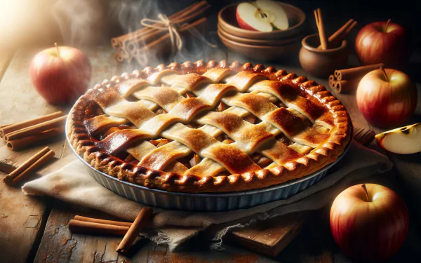 A freshly baked apple pie with a golden lattice crust sits on a wooden table, surrounded by cinnamon sticks and fresh apples, creating a warm and inviting HD desktop wallpaper.