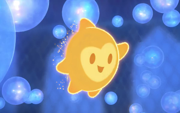 HD desktop wallpaper featuring an adorable animated character from the movie Wish (2023) surrounded by sparkling light bubbles on a dreamy blue background.