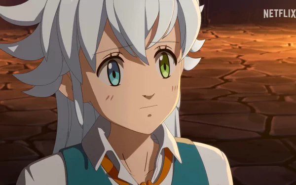 HD wallpaper from The Seven Deadly Sins: Grudge of Edinburgh, featuring a character with distinctive white hair and mismatched eyes, set against a dramatic landscape.