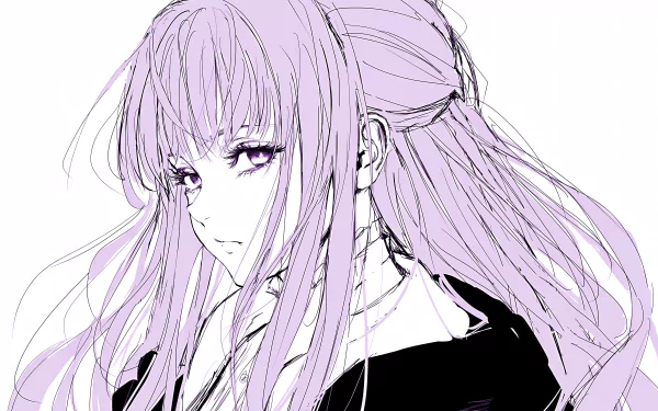 Fern from the anime Frieren: Beyond Journey's End is depicted in a detailed 4K Ultra HD sketch-style wallpaper with flowing lavender hair and a calm expression.