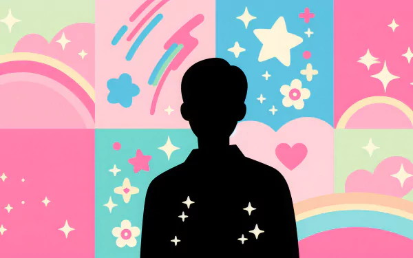 Silhouette of a person set against a colorful kawaii-themed HD desktop wallpaper with pastel patterns, rainbows, stars, and hearts.
