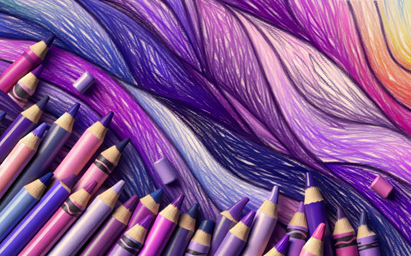 A vibrant purple aesthetic desktop wallpaper featuring an array of purple and pink crayons against a textured, swirling background of rich purples and soft pastels.