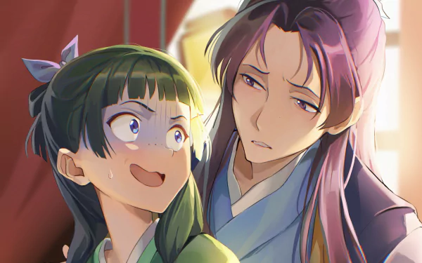 HD anime desktop wallpaper featuring Maomao and Jinshi from The Apothecary Diaries in a warmly lit, detailed scene.