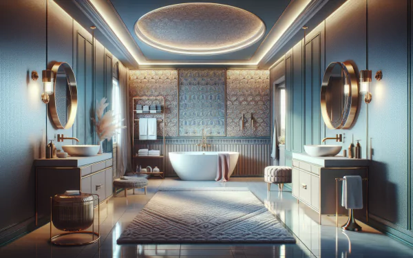 Elegant modern bathroom interior design with dual vanities and freestanding tub, HD wallpaper.