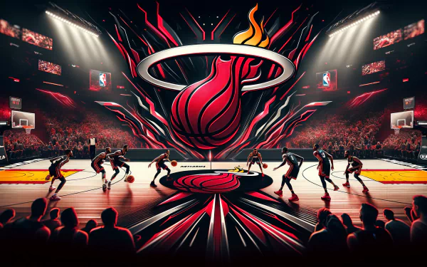 HD desktop wallpaper featuring a stylized Miami Heat basketball court with players in action and the team's flaming basketball logo at the center.