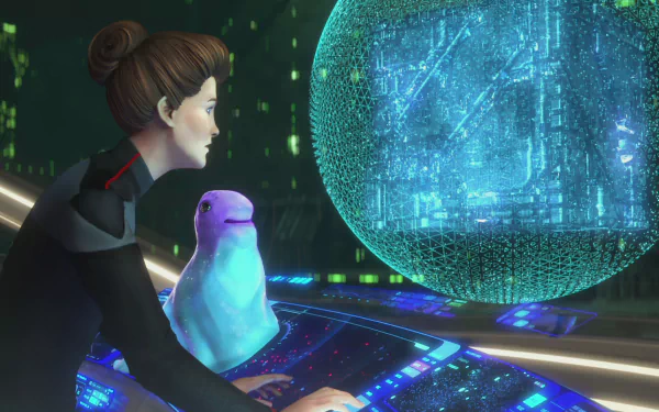 An animated scene from Star Trek: Prodigy, featuring a character interacting with a holographic display alongside a whimsical creature, set against a vibrant sci-fi backdrop.