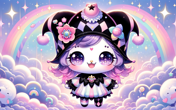 HD desktop wallpaper featuring Kuromi from Hello Kitty, with a whimsical pastel background with clouds, stars, and rainbows.