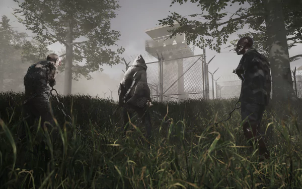 HD wallpaper from The Walking Dead: Destinies, featuring ominous characters in a misty landscape, with a distant security tower surrounded by tall grass and trees.