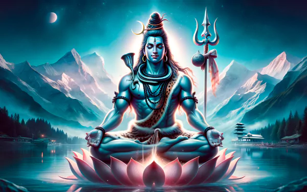 A stunning HD wallpaper featuring Lord Shiva, depicted in a serene pose on a lotus. Majestic mountains and a tranquil lake create a peaceful backdrop, embodying the essence of Mahadev.