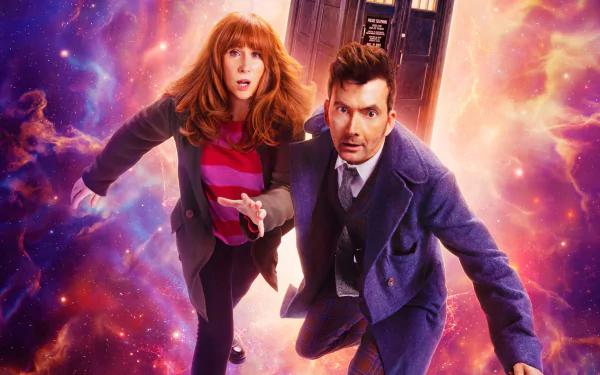 Doctor Who HD desktop wallpaper featuring two characters running with a cosmic galaxy background and the iconic TARDIS.