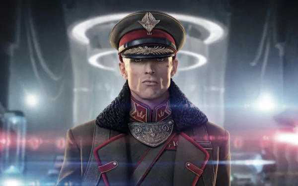 HD desktop wallpaper featuring a character in military uniform from the movie Rebel Moon set against a futuristic backdrop.