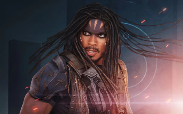 HD wallpaper featuring a character resembling Ray Fisher in Rebel Moon movie with futuristic background for desktop.