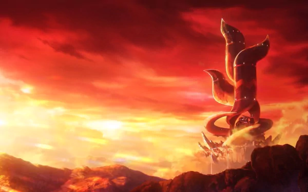 A stunning HD desktop wallpaper from Dragon Ball DAIMA, featuring a vibrant sunset over a dramatic landscape with towering, serpent-like structures against a fiery sky.