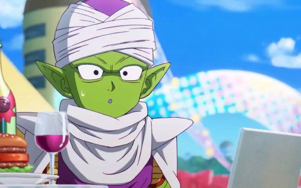 A vibrant HD wallpaper featuring Piccolo from Dragon Ball DAIMA, sitting at a table with a drink and snacks, set against a colorful backdrop.
