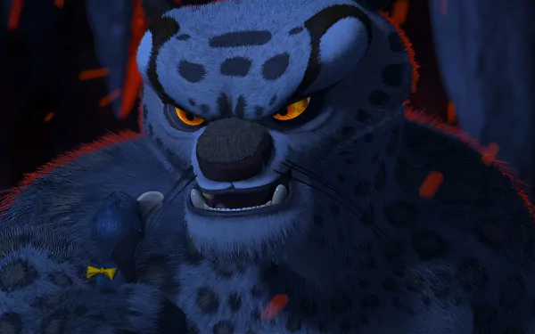 A dramatic HD desktop wallpaper featuring Tai Lung from Kung Fu Panda, showcasing his fierce expression amidst a fiery background.