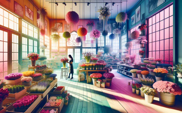 Colorful HD desktop wallpaper featuring a vibrant flower shop interior with a person arranging flowers, surrounded by an array of fresh blooms and decorative plants.