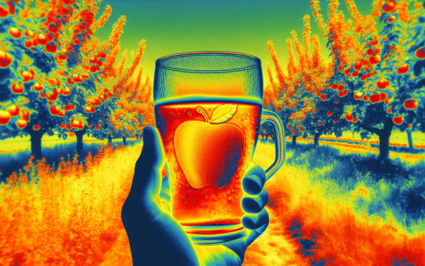 HD wallpaper of a vibrant thermal-imaging view of a hand holding a glass of cider with apple trees in the background.