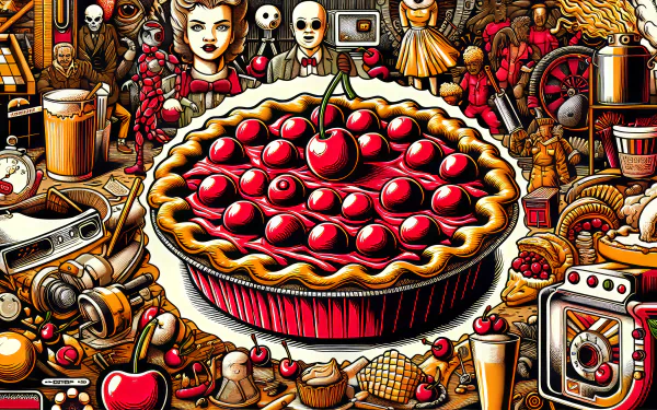 HD desktop wallpaper featuring a vibrant cherry pie surrounded by an eclectic mix of whimsical and surreal objects.
