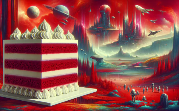 HD wallpaper of a red velvet cake with a whimsical sci-fi cityscape background for desktop.