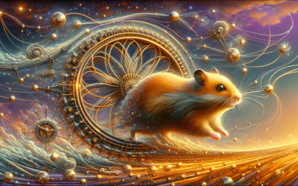 HD desktop wallpaper featuring a whimsical hamster within a cosmic, gear-filled dreamscape.