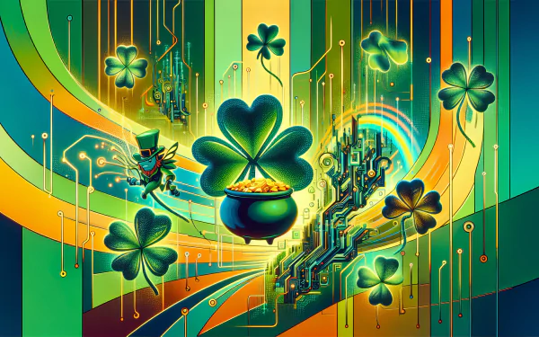 Vibrant St. Patrick's Day themed HD desktop wallpaper featuring stylized shamrocks, a pot of gold, and festive green and gold hues.