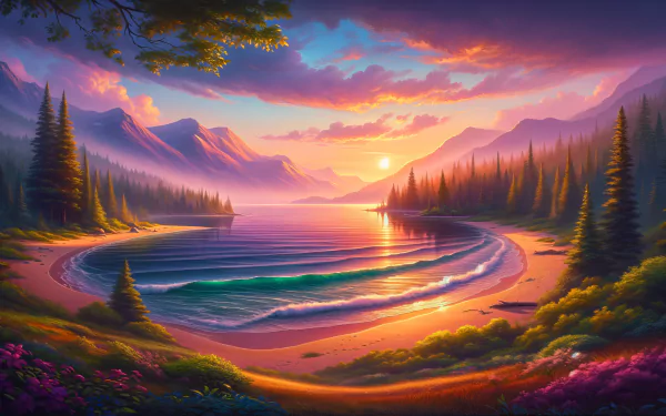 A serene landscape at sunset, featuring a tranquil beach surrounded by lush mountains and gentle waves, creating a sense of relaxation in this HD desktop wallpaper.